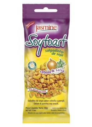 SALG SOJA - CEBOLA E SALSA.png - Soytoast Cebola e SalsaALTO TEOR DE PROTEÍNASNÃO CONTÉM GORDURA TRANSLIVRE DE TRANSGÊNICOIngredientes: Soja em grãos descascada e partida, óleo vegetal (palma, soja ou milho), cebola desidratada em pó, salsa, sal e aroma.NÃO CONTÉM GLÚTENDisponíveis nas versões: 40g e 100g.